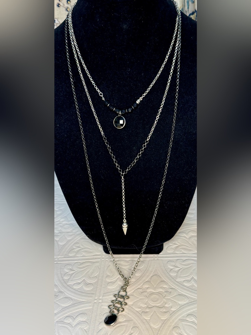 Bohemian Whimsigoth Layered Black Bead and Silver Necklace and Earring Set